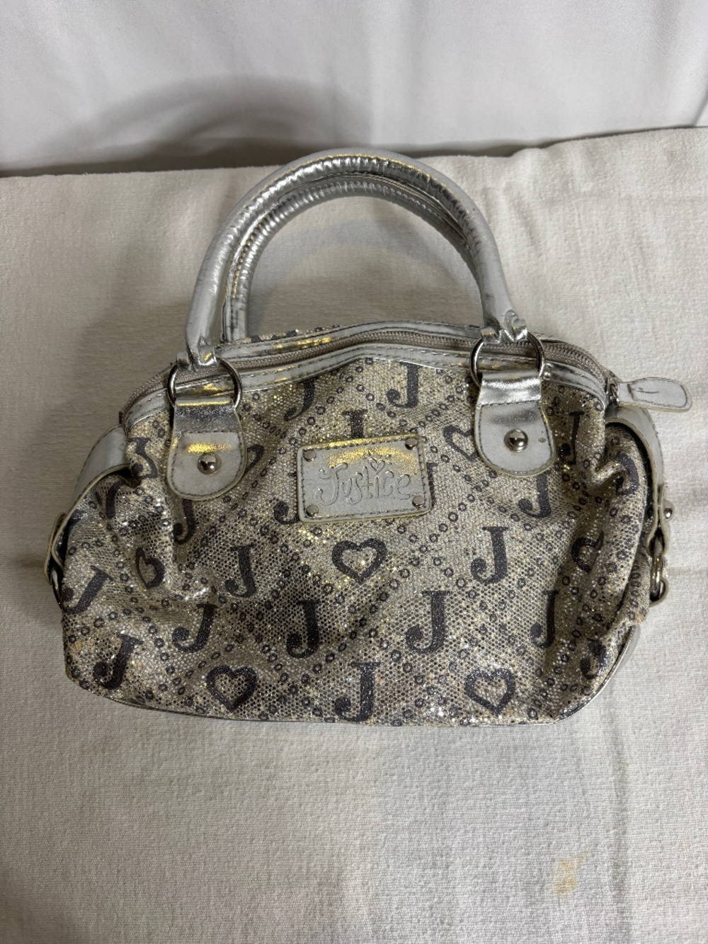 VTG Justice Girls Signature Glitter Satchel Handbag Silver Tone Metallic Bag Y2K